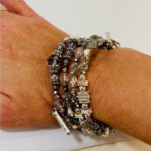 Silver and Gunmetal Beaded Stretch Bracelet Bangle - Picture 12 of 12